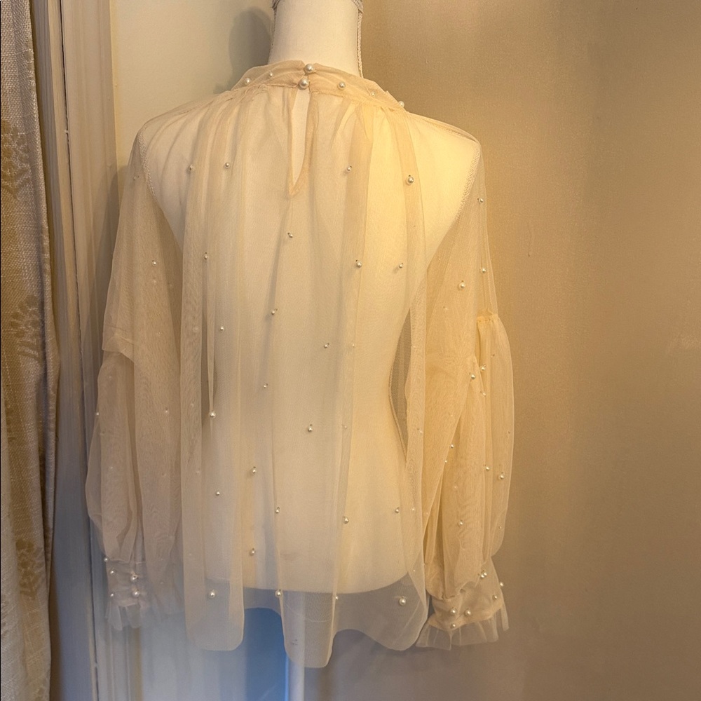 Ultra Pink Sheer Pearl-Embellished Blouse - Cream - Picture 3 of 3